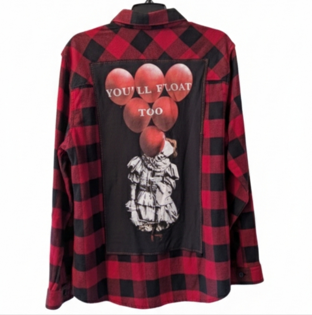 Penny Wise IT Clown & Vintage Flannel Plaid Shirt Upcycled Hand Crafted